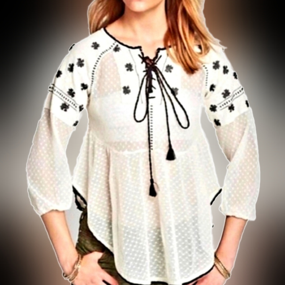 Free People Women's Boho Swiss Dot Mesh Embroidery Blouse Ivory/Black Tassel S
